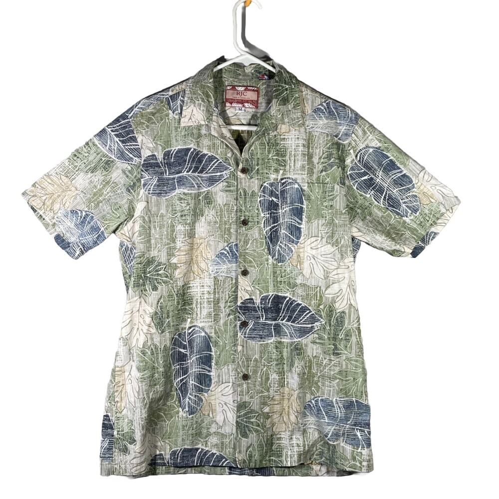 RJC Shirt Mens Medium Hawaiian Aloha Green Leaves Reverse Print Made in Hawaii